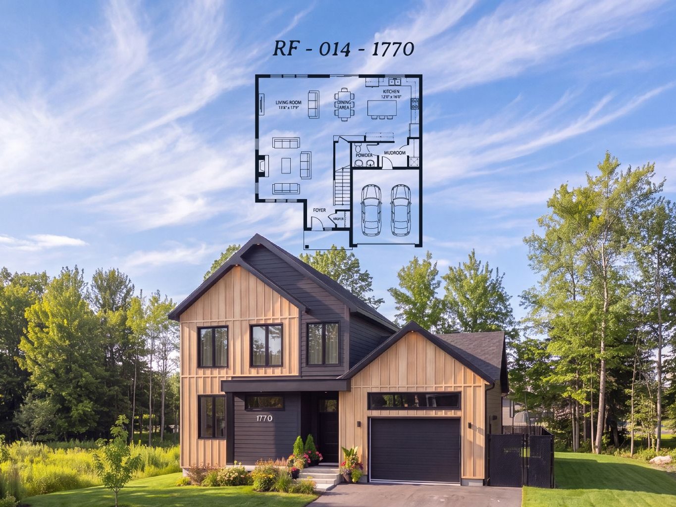 Façade d'une maison contemporaine en bois, avec son plan d'étage en surimpression