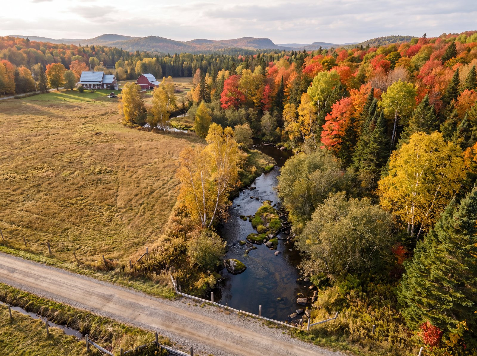 Terrain rural en automne vu du drone, ruisseau bordé de bouleaux et d'érables