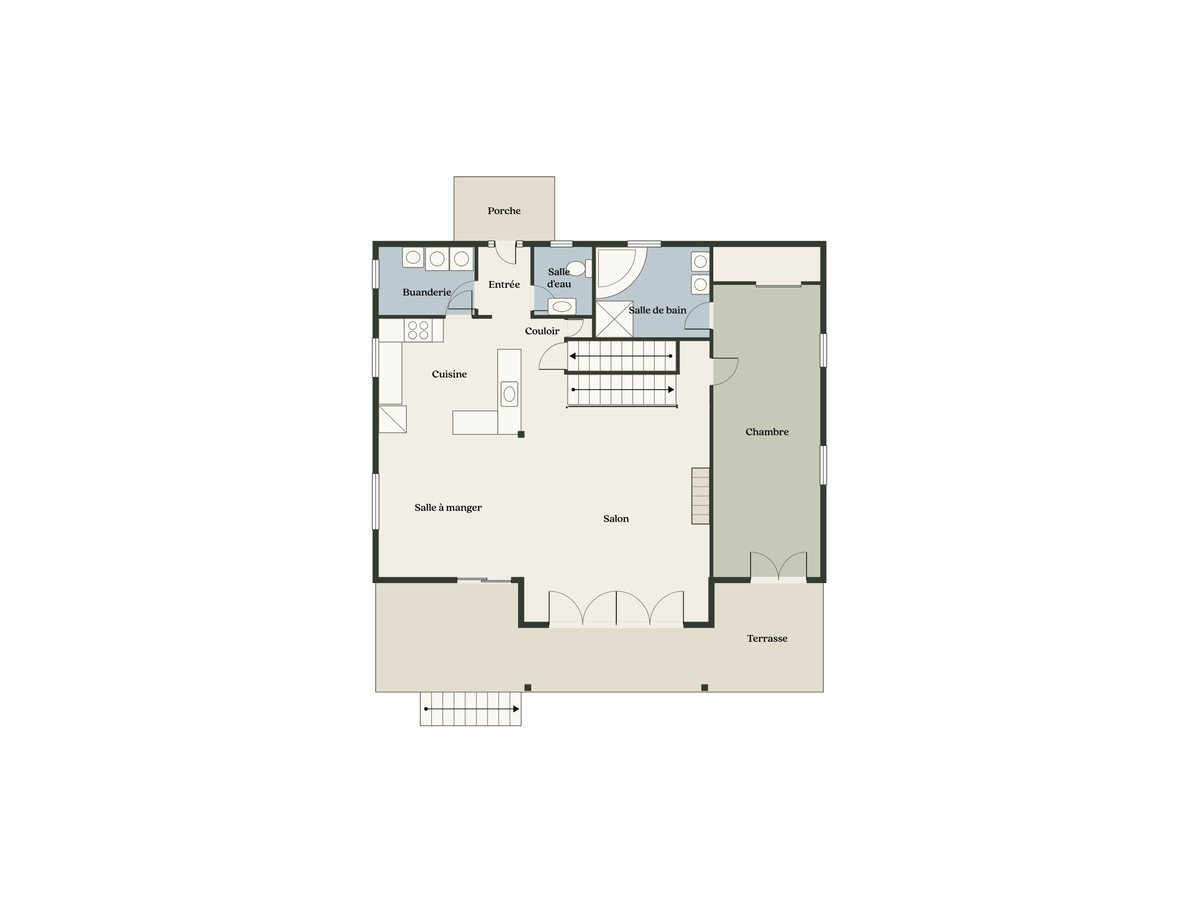 Exemple de plan 2D d'un rez-de-chaussée aux couleurs du studio