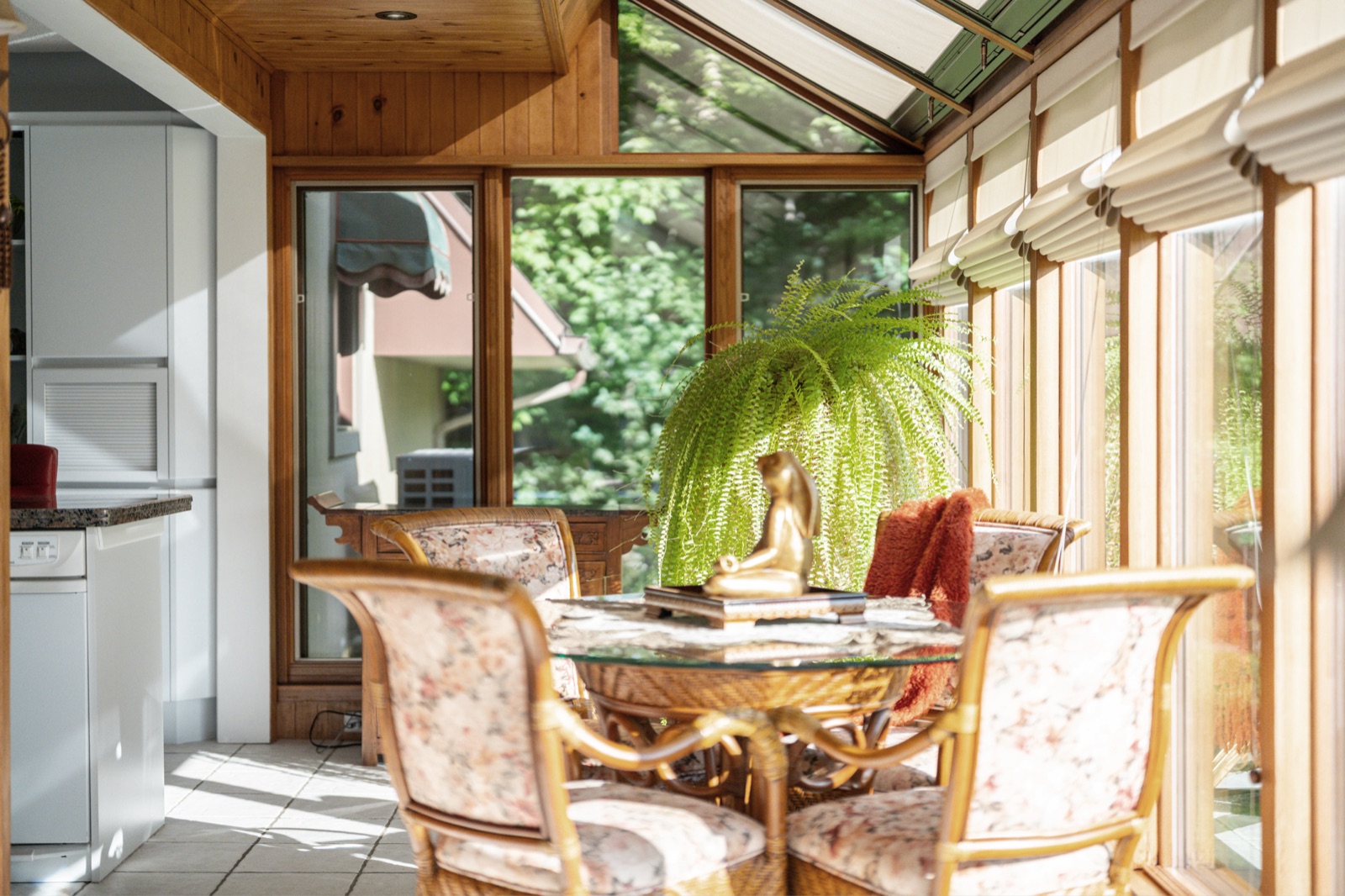 Table ronde de verre dans le solarium, fougère et lumière du matin